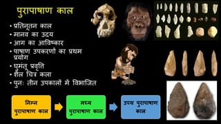 पुरापाषाण काल
• प्रतिनूिन काल
• मानव का उदय
• आग का आववष्कार
• पाषाण उपकरणों का प्रर्म
प्रयोग
• घुमंिू प्रवृवि
• शैल चचत्र कला
• पुनः िीन उपकालों में ववभािजि
निम्ि
पुरापाषाण काल
मध्य
पुरापाषाण काल
उच्च पुरापाषाण
काल
 