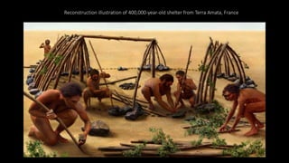 Reconstruction illustration of 400,000-year-old shelter from Terra Amata, France
 