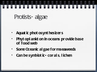 Protists- algae Aquatic photosynthesizers Phytoplankton in oceans provide base of food web Some Oceanic algae form seaweeds Can be symbiotic- corals, lichen 