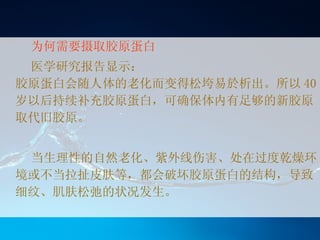 为何需要摄取胶原蛋白   医学研究报告显示： 胶原蛋白会随人体的老化而变得松垮易於析出。所以 40 岁以后持续补充胶原蛋白，可确保体内有足够 的新胶原取代旧胶原。 当生理性的自然老化、紫外线伤害、处在过度乾燥环境或不当拉扯皮肤等，都会破坏胶原蛋白的结构，导致细纹、肌肤松弛的状况发生。  