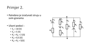 Primjer 2.
• Potrebno je izračunati struju u
svim granama
• Ulazni podaci :
• E1 = 10 [V]
• E3 = 5 [V]
• R1 = R6 = 2 [Ω]
• R3 = 0,5 [Ω]
• R4 = R5 = 5[Ω]
 