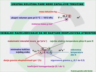 Rudarsko-geološko-naftni fakultetRudarsko-geološko-naftni fakultet
3
m
422
M
G,
V
⋅
=
1-3
0
sm
ϑ
ϑ
⋅⋅⋅
⋅
=
nky
Q
v
d
max
min
MINIMALNMINIMALNOO RAZRIJEĐIVANJERAZRIJEĐIVANJE DA NE NASTANE EKSPLOZIVNA ATMOSFERADA NE NASTANE EKSPLOZIVNA ATMOSFERA
minimalna količina
svježeg zraka
donja granica eksplozivnosti gm-3
(%)
koeficijent homogenizacije (0,1 do 1)
sigurnosna granica yd (0,1 do 0,5)
maksimalni intenzitet izvora gs-1
(m3
s-1
) najviša očekiva temperatura plina ili pare K
referentna
temperatura
293 K
UKUPNA KOLIČINA PARE NEKE ZAPALJIVE TEKUĆINEUKUPNA KOLIČINA PARE NEKE ZAPALJIVE TEKUĆINE
ukupni volumen pare pri 0 °C i 1013 hPa
molarna masa g mol-1
masa tekućine kg
 