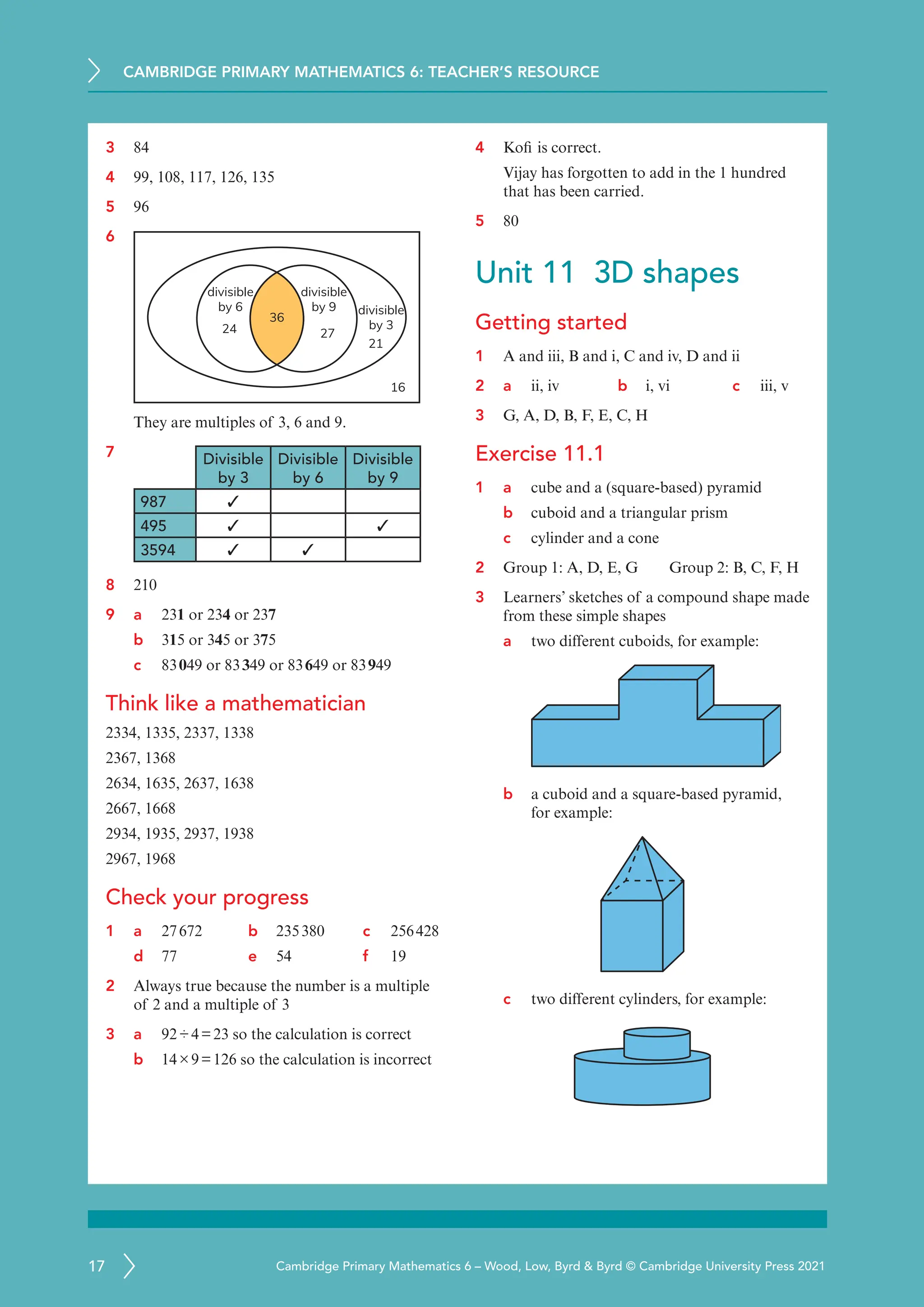 CAMBRIDGE PRIMARY MATHEMATICS 6: TEACHER’S RESOURCE
17 Cambridge Primary Mathematics 6 – Wood, Low, Byrd  Byrd © Cambridge University Press 2021
3 84
4 99, 108, 117, 126, 135
5 96
6
divisible
by 6
divisible
by 9 divisible
by 3
36
24 27
21
16
They are multiples of 3, 6 and 9.
7 Divisible
by 3
Divisible
by 6
Divisible
by 9
987 ✓
495 ✓ ✓
3594 ✓ ✓
8 210
9 a	
231 or 234 or 237
b 315 or 345 or 375
c 83049 or 83349 or 83649 or 83949
Think like a mathematician
2334, 1335, 2337, 1338
2367, 1368
2634, 1635, 2637, 1638
2667, 1668
2934, 1935, 2937, 1938
2967, 1968
Check your progress
1 a	
27672 b 235380 c 256428
d 77 e 54 f 19
2 Always true because the number is a multiple
of 2 and a multiple of 3
3 a	
92÷4=23 so the calculation is correct
b 14×9=126 so the calculation is incorrect
4 Kofi is correct.
Vijay has forgotten to add in the 1 hundred
that has been carried.
5 80
Unit 11 3D shapes
Getting started
1 A and iii, B and i, C and iv, D and ii
2 a ii, iv b i, vi c iii, v
3 G, A, D, B, F, E, C, H
Exercise 11.1
1 a cube and a (square-based) pyramid
b cuboid and a triangular prism
c cylinder and a cone
2 Group 1: A, D, E, G   Group 2: B, C, F, H
3 Learners’ sketches of a compound shape made
from these simple shapes
a two different cuboids, for example:
b a cuboid and a square-based pyramid,
for example:
c two different cylinders, for example:
 
