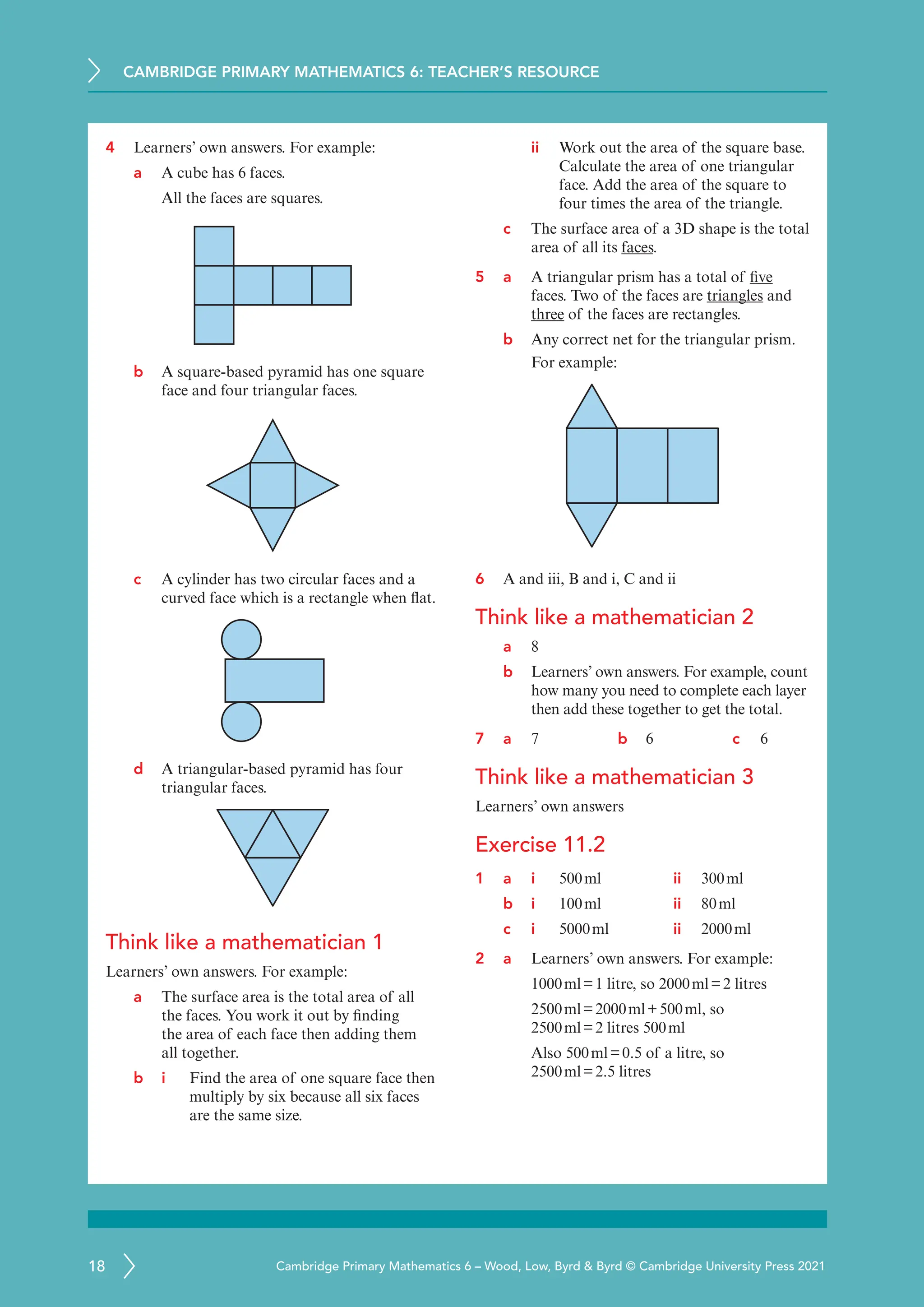 CAMBRIDGE PRIMARY MATHEMATICS 6: TEACHER’S RESOURCE
18 Cambridge Primary Mathematics 6 – Wood, Low, Byrd  Byrd © Cambridge University Press 2021
4 Learners’ own answers. For example:
a A cube has 6 faces.
All the faces are squares.
b A square-based pyramid has one square
face and four triangular faces.
c A cylinder has two circular faces and a
curved face which is a rectangle when flat.
d A triangular-based pyramid has four
triangular faces.
Think like a mathematician 1
Learners’ own answers. For example:
a The surface area is the total area of all
the faces. You work it out by finding
the area of each face then adding them
all together.
b i	
Find the area of one square face then
multiply by six because all six faces
are the same size.
ii	
Work out the area of the square base.
Calculate the area of one triangular
face. Add the area of the square to
four times the area of the triangle.
c The surface area of a 3D shape is the total
area of all its faces.
5 a	
A triangular prism has a total of five
faces. Two of the faces are triangles and
three of the faces are rectangles.
b Any correct net for the triangular prism.
For example:
6 A and iii, B and i, C and ii
Think like a mathematician 2
a 8
b Learners’ own answers. For example, count
how many you need to complete each layer
then add these together to get the total.
7 a 7 b 6 c 6
Think like a mathematician 3
Learners’ own answers
Exercise 11.2
1 a i 500ml ii 300ml
b i 100ml ii 80ml
c i 5000ml ii 2000ml
2 a Learners’ own answers. For example:
1000ml=1 litre, so 2000ml=2 litres
2500ml=2000ml+500ml, so
2500ml=2 litres 500ml
Also 500ml=0.5 of a litre, so
2500ml=2.5 litres
 