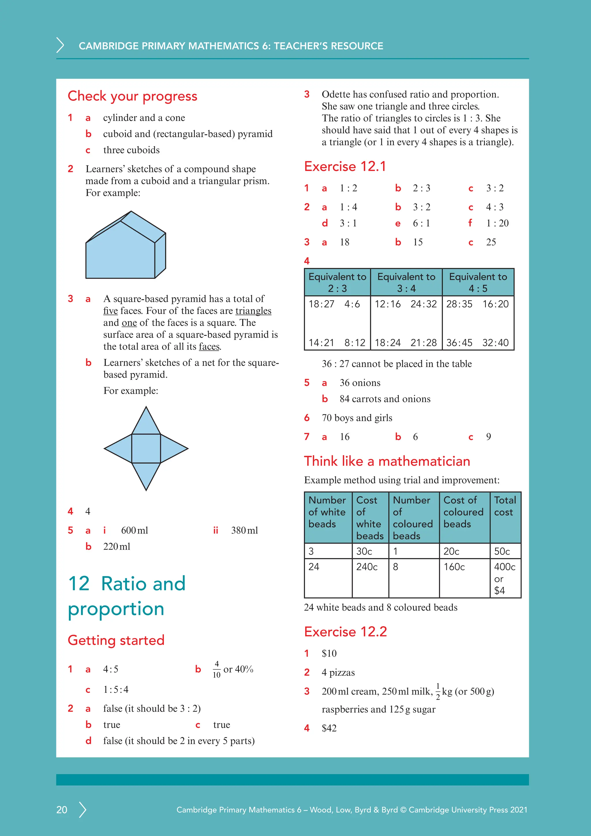 CAMBRIDGE PRIMARY MATHEMATICS 6: TEACHER’S RESOURCE
20 Cambridge Primary Mathematics 6 – Wood, Low, Byrd  Byrd © Cambridge University Press 2021
Check your progress
1 a cylinder and a cone
b cuboid and (rectangular-based) pyramid
c three cuboids
2 Learners’ sketches of a compound shape
made from a cuboid and a triangular prism.
For example:
3 a	
A square-based pyramid has a total of
five faces. Four of the faces are triangles
and one of the faces is a square. The
surface area of a square-based pyramid is
the total area of all its faces.
b Learners’ sketches of a net for the square-
based pyramid.
For example:
4 4
5 a i 600ml ii 380ml
b 220ml
12 Ratio and
proportion
Getting started
1 a	
4:5		 b
4
10
or 40%
c 1:5:4
2 a	
false (it should be 3 : 2)
b true c true
d false (it should be 2 in every 5 parts)
3 Odette has confused ratio and proportion.
She saw one triangle and three circles.
The ratio of triangles to circles is 1 : 3. She
should have said that 1 out of every 4 shapes is
a triangle (or 1 in every 4 shapes is a triangle).
Exercise 12.1
1 a	
1 : 2 b 2 : 3 c 3 : 2
2 a	
1 : 4 b 3 : 2 c 4 : 3
d 3 : 1 e 6 : 1 f 1 : 20
3 a	
18 b 15 c 25
4
Equivalent to
2 : 3
Equivalent to
3 : 4
Equivalent to
4 : 5
18:27 4:6
14:21 8:12
12:16 24:32
18:24 21:28
28:35 16:20
36:45 32:40
36 : 27 cannot be placed in the table
5 a	
36 onions
b 84 carrots and onions
6 70 boys and girls
7 a	
16 b 6 c 9
Think like a mathematician
Example method using trial and improvement:
Number
of white
beads
Cost
of
white
beads
Number
of
coloured
beads
Cost of
coloured
beads
Total
cost
3 30c 1 20c 50c
24 240c 8 160c 400c
or
$4
24 white beads and 8 coloured beads
Exercise 12.2
1 $10
2 4 pizzas
3 200ml cream, 250ml milk,
1
2
kg (or 500g)
raspberries and 125g sugar
4 $42
 