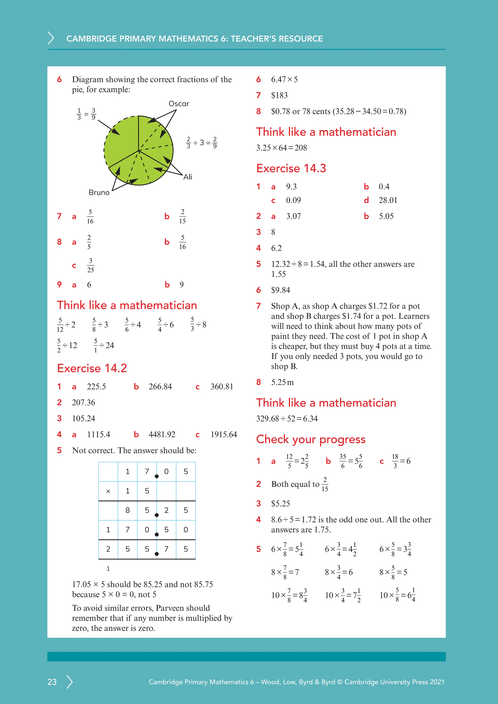CAMBRIDGE PRIMARY MATHEMATICS 6: TEACHER’S RESOURCE
23 Cambridge Primary Mathematics 6 – Wood, Low, Byrd  Byrd © Cambridge University Press 2021
6 Diagram showing the correct fractions of the
pie, for example:
Oscar
Bruno
÷ 3 =
2
3
=
1
3
3
9
2
9
Ali
7 a	
5
16
		 b
2
15
8 a	
2
5
		 b
5
16
c
3
25
9 a	
6 b 9
Think like a mathematician
5
12
÷2  
5
8
÷3  
5
6
÷4  
5
4
÷6  
5
3
÷8
5
2
÷12  
5
1
÷24
Exercise 14.2
1 a	
225.5 b 266.84 c 360.81
2 207.36
3 105.24
4 a	
1115.4 b 4481.92 c 1915.64
5 Not correct. The answer should be:
1 7 0 5
× 1 5
8 5 2 5
1 7 0 5 0
2 5
1
5 7 5
17.05 × 5 should be 85.25 and not 85.75
because 5 × 0 = 0, not 5
To avoid similar errors, Parveen should
remember that if any number is multiplied by
zero, the answer is zero.
6 6.47×5
7 $183
8 $0.78 or 78 cents (35.28−34.50=0.78)
Think like a mathematician
3.25×64=208
Exercise 14.3
1 a	
9.3 b 0.4
c 0.09 d 28.01
2 a	
3.07 b 5.05
3 8
4 6.2
5 12.32÷8=1.54, all the other answers are
1.55
6 $9.84
7 Shop A, as shop A charges $1.72 for a pot
and shop B charges $1.74 for a pot. Learners
will need to think about how many pots of
paint they need. The cost of 1 pot in shop A
is cheaper, but they must buy 4 pots at a time.
If you only needed 3 pots, you would go to
shop B.
8 5.25m
Think like a mathematician
329.68÷52=6.34
Check your progress
1 a	
12
5
=2
2
5
  b
35
6
=5
5
6
  c
18
3
=6
2 Both equal to
2
15
3 $5.25
4 8.6÷5=1.72 is the odd one out. All the other
answers are 1.75.
5 6×
7
8
=5
1
4
6×
3
4
=4
1
2
6×
5
8
=3
3
4
8×
7
8
=7		 8×
3
4
=6 8×
5
8
=5
10×
7
8
=8
3
4
10×
3
4
=7
1
2
10×
5
8
=6
1
4
 
