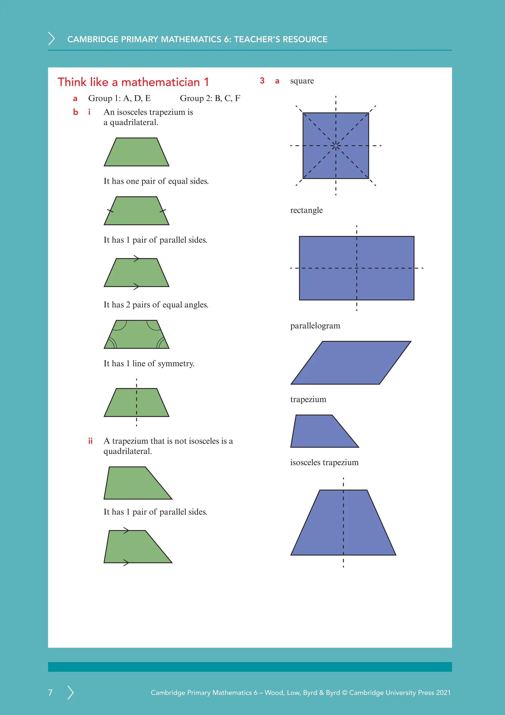 CAMBRIDGE PRIMARY MATHEMATICS 6: TEACHER’S RESOURCE
7 Cambridge Primary Mathematics 6 – Wood, Low, Byrd  Byrd © Cambridge University Press 2021
Think like a mathematician 1
a Group 1: A, D, E Group 2: B, C, F
b i	
An isosceles trapezium is
a quadrilateral.
It has one pair of equal sides.
It has 1 pair of parallel sides.
It has 2 pairs of equal angles.
It has 1 line of symmetry.
ii	
A trapezium that is not isosceles is a
quadrilateral.
It has 1 pair of parallel sides.
3 a	square
rectangle
parallelogram
trapezium
isosceles trapezium
 