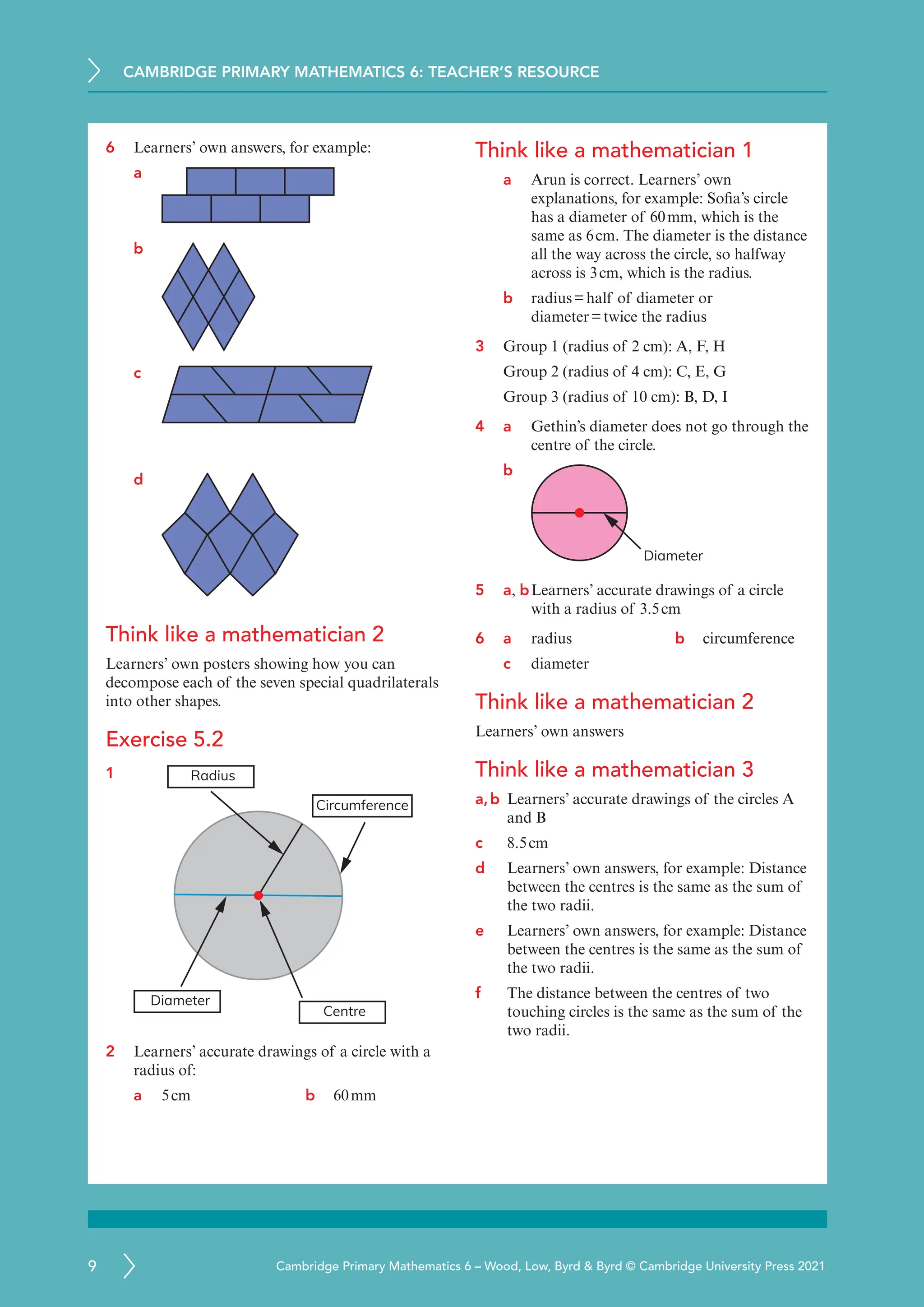 CAMBRIDGE PRIMARY MATHEMATICS 6: TEACHER’S RESOURCE
9 Cambridge Primary Mathematics 6 – Wood, Low, Byrd  Byrd © Cambridge University Press 2021
6 Learners’ own answers, for example:
a
b
c
d
Think like a mathematician 2
Learners’ own posters showing how you can
decompose each of the seven special quadrilaterals
into other shapes.
Exercise 5.2
1 Radius
Diameter
Centre
Circumference
2 Learners’ accurate drawings of a circle with a
radius of:
a 5cm b 60mm
Think like a mathematician 1
a Arun is correct. Learners’ own
explanations, for example: Sofia’s circle
has a diameter of 60mm, which is the
same as 6cm. The diameter is the distance
all the way across the circle, so halfway
across is 3cm, which is the radius.
b radius=half of diameter or
diameter=twice the radius
3 Group 1 (radius of 2 cm): A, F, H
Group 2 (radius of 4 cm): C, E, G
Group 3 (radius of 10 cm): B, D, I
4 a	
Gethin’s diameter does not go through the
centre of the circle.
b
Diameter
5 a, b	
Learners’ accurate drawings of a circle
with a radius of 3.5cm
6 a radius b circumference
c diameter
Think like a mathematician 2
Learners’ own answers
Think like a mathematician 3
a,b 
Learners’ accurate drawings of the circles A
and B
c 8.5cm
d 
Learners’ own answers, for example: Distance
between the centres is the same as the sum of
the two radii.
e 
Learners’ own answers, for example: Distance
between the centres is the same as the sum of
the two radii.
f 
The distance between the centres of two
touching circles is the same as the sum of the
two radii.
 