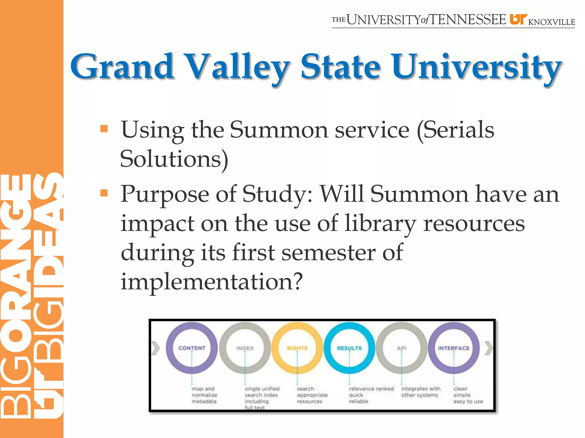 Grand Valley State University
  Using the Summon service (Serials
   Solutions)
  Purpose of Study: Will Summon have an
   impact on the use of library resources
   during its first semester of
   implementation?
 