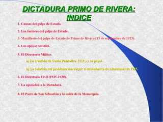 DICTADURA PRIMO DE RIVERA:
            INDICE
1. Causas del golpe de Estado.

2. Los factores del golpe de Estado.

3. Manifiesto del golpe de Estado de Primo de Rivera (13 de septiembre de 1923).

4. Los apoyos sociales.

5. El Directorio Militar.
      a) La creación de Unión Patriótica (U.P.) y su papel.

      b) La solución del problema marroquí: el desembarco de Alhucemas de 1925.

6. El Directorio Civil (1925-1930).

7. La oposición a la Dictadura.

8. El Pacto de San Sebastián y la caída de la Monarquía.
 