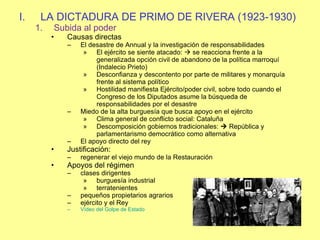 LA DICTADURA DE PRIMO DE RIVERA (1923-1930) Subida al poder Causas directas El desastre de Annual y la investigación de responsabilidades El ejército se siente atacado:    se reacciona frente a la generalizada opción civil de abandono de la política marroquí (Indalecio Prieto) Desconfianza y descontento por parte de militares y monarquía frente al sistema político Hostilidad manifiesta Ejército/poder civil, sobre todo cuando el Congreso de los Diputados asume la búsqueda de responsabilidades por el desastre Miedo de la alta burguesía que busca apoyo en el ejército Clima general de conflicto social: Cataluña Descomposición gobiernos tradicionales:    República y parlamentarismo democrático como alternativa El apoyo directo del rey Justificación: regenerar el viejo mundo de la Restauración Apoyos del régimen clases dirigentes burguesía industrial terratenientes pequeños propietarios agrarios ejército y el Rey   Vídeo del Golpe de Estado 