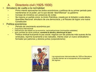 Directorio civil (1925-1930) Simulacro de vuelta a la normalidad Primo intentó aprovechar los éxitos económicos y políticos de su primer periodo para mantenerse en el poder, por lo que decide “desmilitarizar” su gobierno Consejo de ministros con presencia de civiles Se impone un partido único: la Unión Patriótica, creada por el dictador a este efecto. Asamblea Nacional: simulacro de una democracia, y el fracaso de lograr una nueva Constitución Política económica Periodo de crecimiento económico por:  Coyuntura internacional Intervención del estado en la economía: nacionalizaciones (monopolios estatales) gran cantidad de obras públicas:  aumenta la deuda y disminuye el paro Política sindical buscando la paz social: negocia con las posturas más suaves de los sindicatos, reprime duramente a los radicales, intenta crear un nuevo sindicalismo formador por patronos y obreros juntos (corporativismo) Las exposiciones internacionales de 1929 en Barcelona y Sevilla intentan ser el escaparate de la prosperidad del régimen 