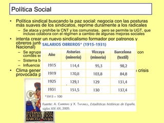 • Política sindical buscando la paz social: negocia con las posturas
más suaves de los sindicatos, reprime duramente a los radicales
– Se ataca y prohíbe la CNT y los comunistas, pero se permite la UGT, que
incluso colabora con el régimen a cambio de algunas mejoras sociales
• intenta crear un nuevo sindicalismo formador por patronos y
obreros juntos (corporativismo: Organización Corporativa
Nacional)
– Se agrupan a patronos y obreros en corporaciones por empresas, con
comités encargados de solucionar conflictos
– Sistema bien visto en principio por la UGT
– Influencia de la Italia fascista de Mussolini
• Clima general de tranquilidad social, al menos hasta la gran crisis
provocada por el crack del 29
Las exposiciones internacionales de 1929
en Barcelona y Sevilla intentan ser el
escaparate de la prosperidad del régimen
Política Social
 