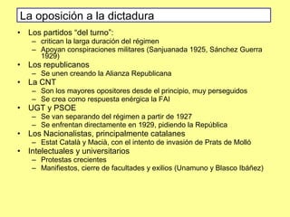 • Los partidos “del turno”:
– critican la larga duración del régimen
– Apoyan conspiraciones militares (Sanjuanada 1925, Sánchez Guerra
1929)
• Los republicanos
– Se unen creando la Alianza Republicana
• La CNT
– Son los mayores opositores desde el principio, muy perseguidos
– Se crea como respuesta enérgica la FAI
• UGT y PSOE
– Se van separando del régimen a partir de 1927
– Se enfrentan directamente en 1929, pidiendo la República
• Los Nacionalistas, principalmente catalanes
– Estat Català y Macià, con el intento de invasión de Prats de Molló
• Intelectuales y universitarios
– Protestas crecientes
– Manifiestos, cierre de facultades y exilios (Unamuno y Blasco Ibáñez)
La oposición a la dictadura
 