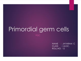 Primordial germ cells
PGC
NAME : JAYARAM C
CLASS : I-M.SC,
ROLL.NO: 12
 