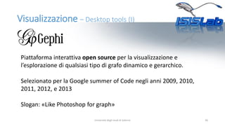 Visualizzazione – Desktop tools (I)
36
Piattaforma interattiva open source per la visualizzazione e
l’esplorazione di qual...