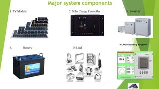 Major system components
1. PV Module 2. Solar Charge Controller
1.
4. Battery 5. Load
3. Inverter
6.Monitoring system
 