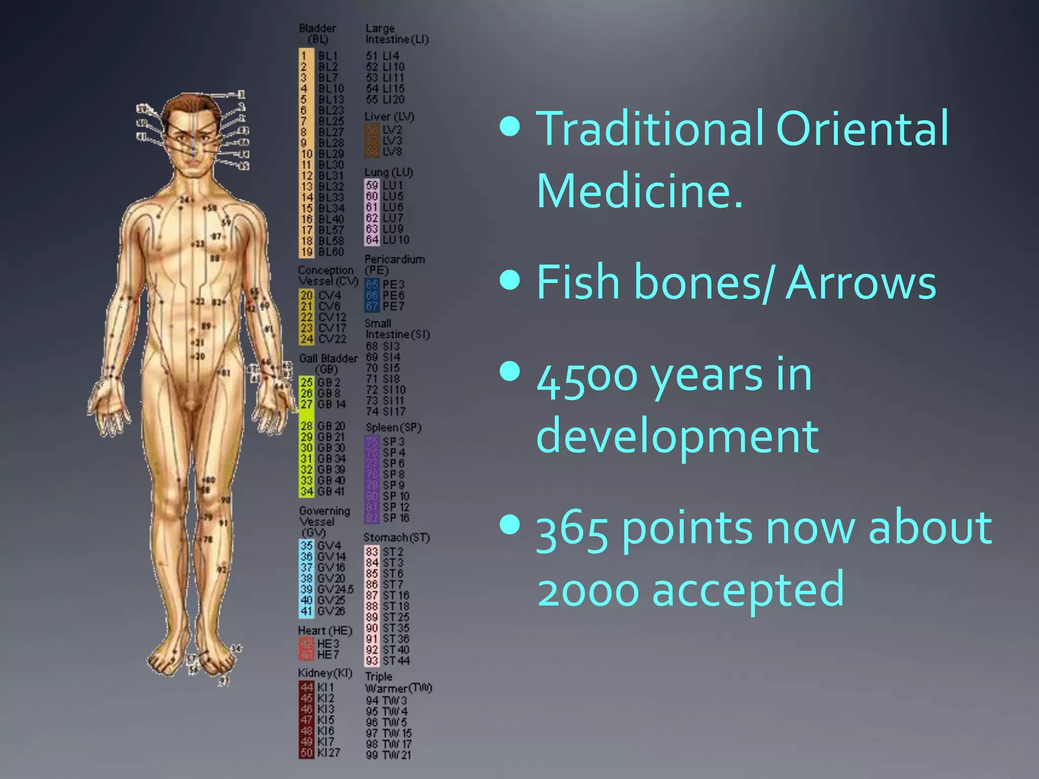  Traditional Oriental
Medicine.
 Fish bones/ Arrows
 4500 years in
development
 365 points now about
2000 accepted
 