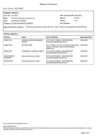 Registrar of Companies
24/11/2022
Date Issued:
Company Details
Date Incorporated:
Nature:
Sub Category:
Status:
02/02/2021
Private
Live
File No.:
Name:
C177855
Primrose Trade and Investment Ltd
Type:
Category:
LIMITED BY SHARES
GLOBAL BUSINESS COMPANY
Registered Office Address: C/O Amicorp (Mauritius) Limited, 6th Floor, Tower 1 Nexteracom Building Ebene MAURITIUS
Office Bearers
Position Name Service Address Appointed Date
DIRECTOR AGOWUN NIHAD MOHAMMAD
AKRAM
6TH FLOOR, TOWER 1 NEXTERACOM
BUILDING EBENE MAURITIUS
30/06/2022
DIRECTOR MITTRA SUBIR Villa - JPK3VL - 25, 393, Al Thanyah Fifth Premise
Number: 393099741 Dubai UNITED ARAB
EMIRATES
02/02/2021
DIRECTOR TOORABALLY SHAKILL AHMAD 6TH FLOOR, TOWER 1 NEXTERACOM
BUILDING EBENE MAURITIUS
02/02/2021
MANAGEMENT
COMPANY
Amicorp (Mauritius) Limited 6TH FLOOR TOWER 1, NEXTERACOM
BUILDING EBENE MAURITIUS
02/02/2021
SECRETARY Amicorp (Mauritius) Limited 6TH FLOOR TOWER 1, NEXTERACOM
BUILDING EBENE MAURITIUS
02/02/2021
of 1
Page 1
DISCLAIMER NOTICE
While we endeavour to keep the information up to date and as far as possible accurate, we cannot give any guarantee about the completeness, accuracy,
reliability of the information contained on the report.
This is a Computer Generated Document.
 