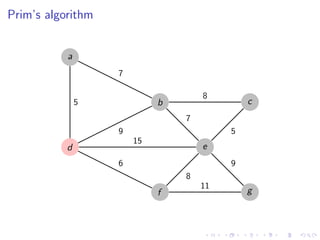 Prim’s algorithm


           a
                   7

                                    8
                                             c
                            b
               5
                                7
                   9                     5
                       15
                                    e
           d
                   6                     9
                                8
                                    11
                                             g
                            f
 