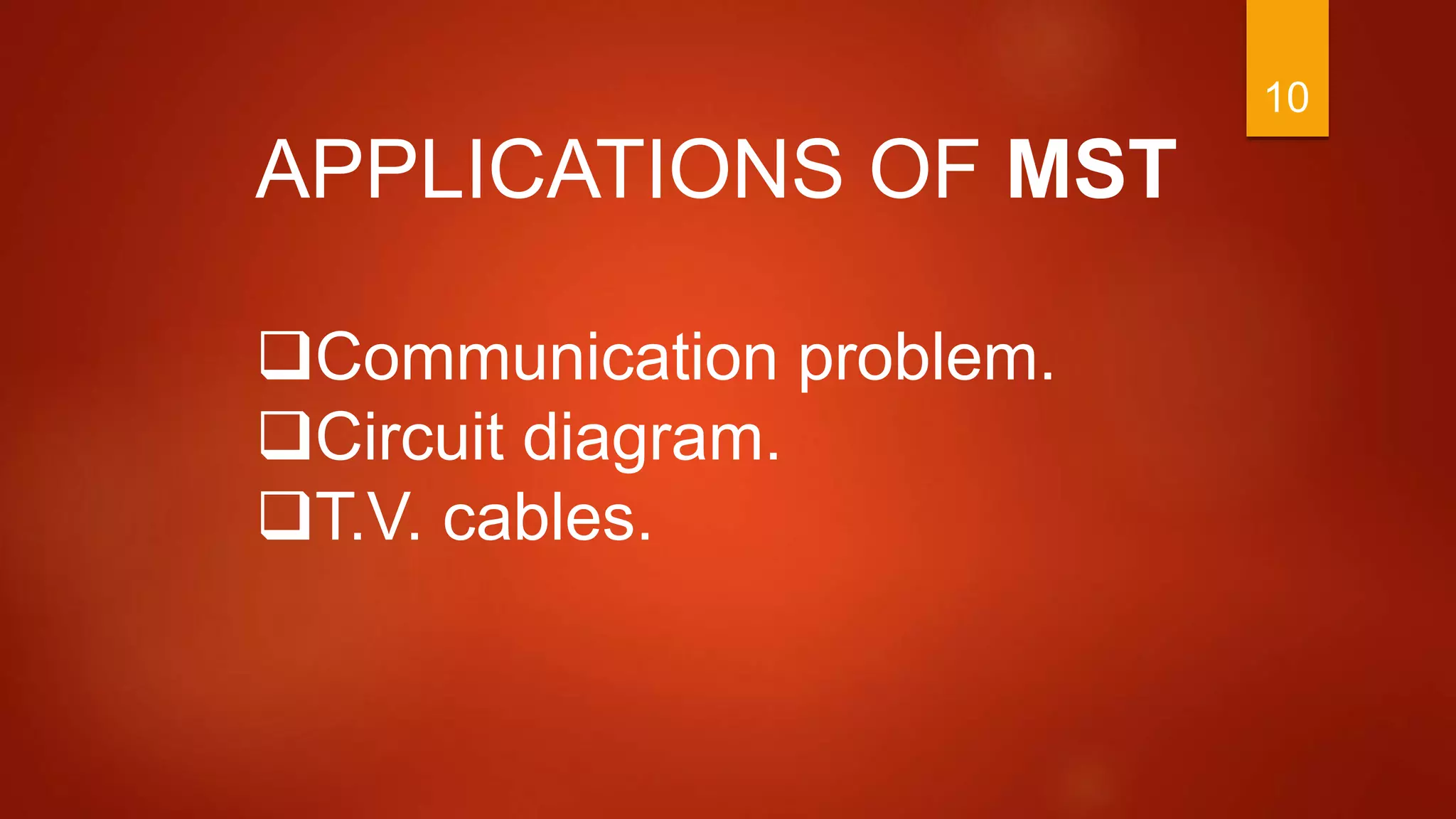 10
APPLICATIONS OF MST
Communication problem.
Circuit diagram.
T.V. cables.
 