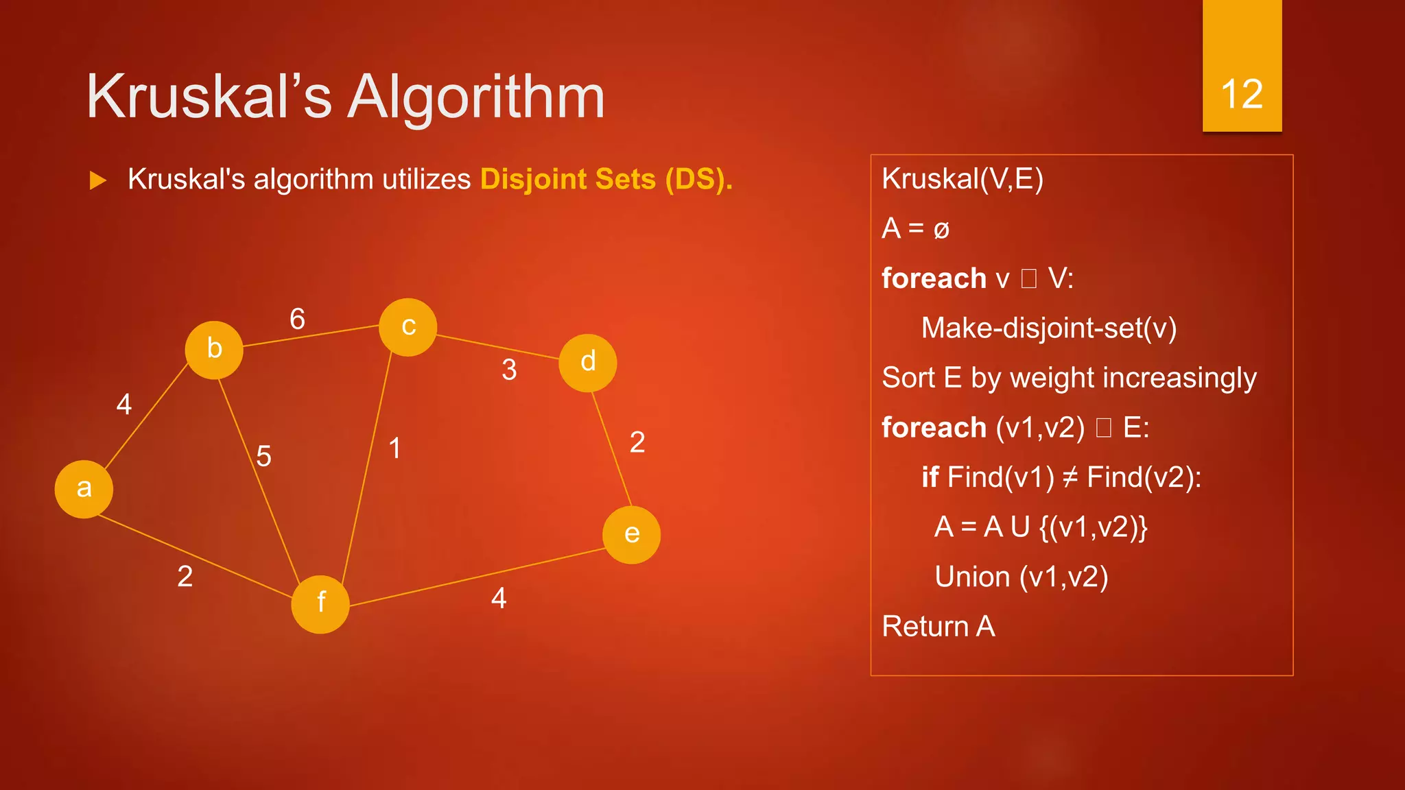 Kruskal’s Algorithm
Kruskal(V,E)
A = ø
foreach v V:
Make-disjoint-set(v)
Sort E by weight increasingly
foreach (v1,v2) E:
if Find(v1) ≠ Find(v2):
A = A U {(v1,v2)}
Union (v1,v2)
Return A
a
2
c
b d
f
4
6
3
4
15
e
2
 Kruskal's algorithm utilizes Disjoint Sets (DS).
12
 