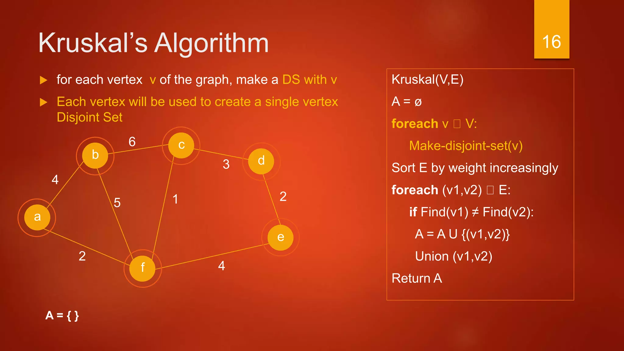 Kruskal’s Algorithm
Kruskal(V,E)
A = ø
foreach v V:
Make-disjoint-set(v)
Sort E by weight increasingly
foreach (v1,v2) E:
if Find(v1) ≠ Find(v2):
A = A U {(v1,v2)}
Union (v1,v2)
Return A
a
2
c
b d
f
4
6
3
4
15
e
2
A = { }
 for each vertex v of the graph, make a DS with v
 Each vertex will be used to create a single vertex
Disjoint Set
16
 