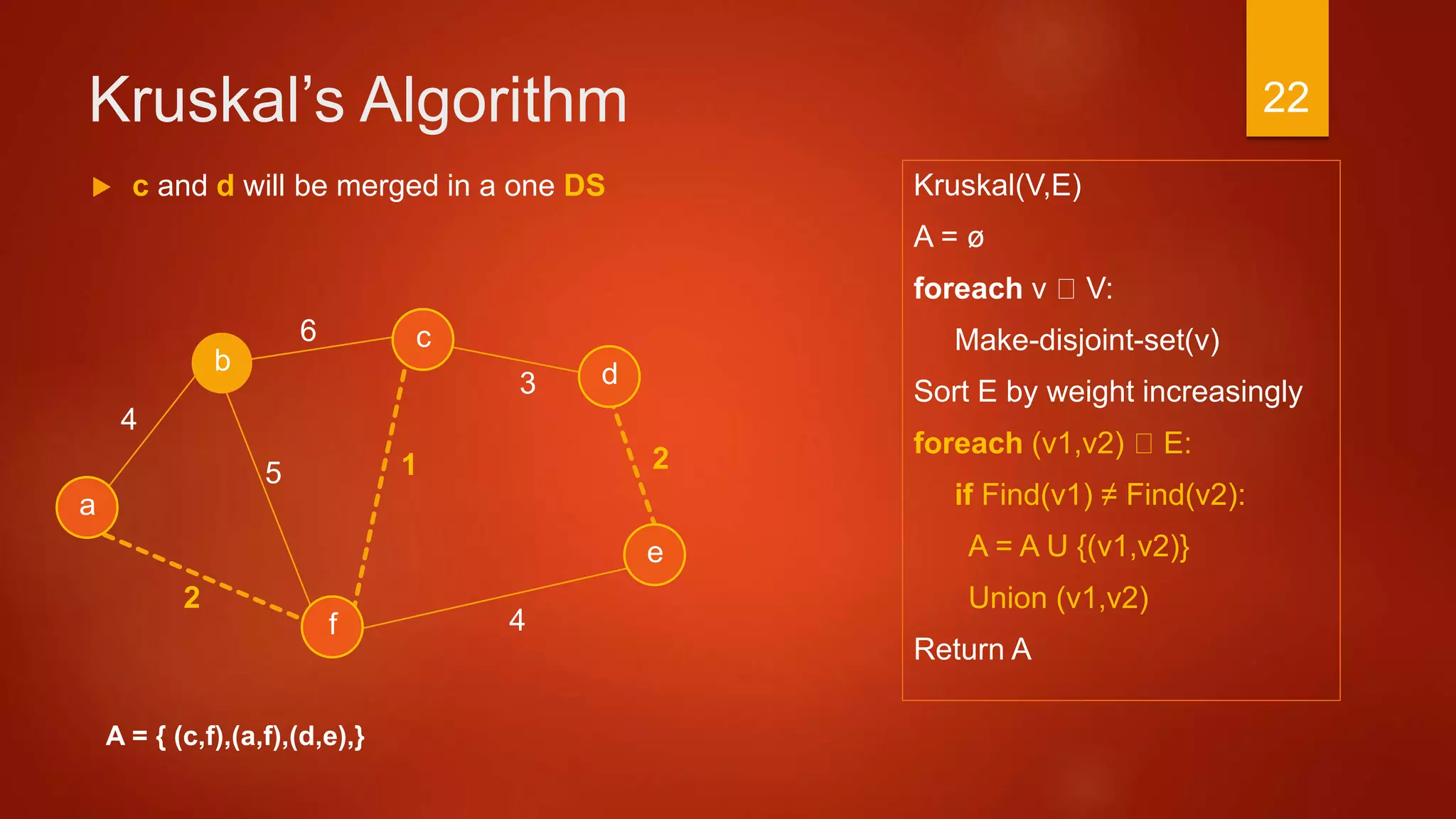 Kruskal’s Algorithm
Kruskal(V,E)
A = ø
foreach v V:
Make-disjoint-set(v)
Sort E by weight increasingly
foreach (v1,v2) E:
if Find(v1) ≠ Find(v2):
A = A U {(v1,v2)}
Union (v1,v2)
Return A
a
2
c
b d
f
4
6
3
4
15
e
2
A = { (c,f),(a,f),(d,e),}
 c and d will be merged in a one DS
22
 