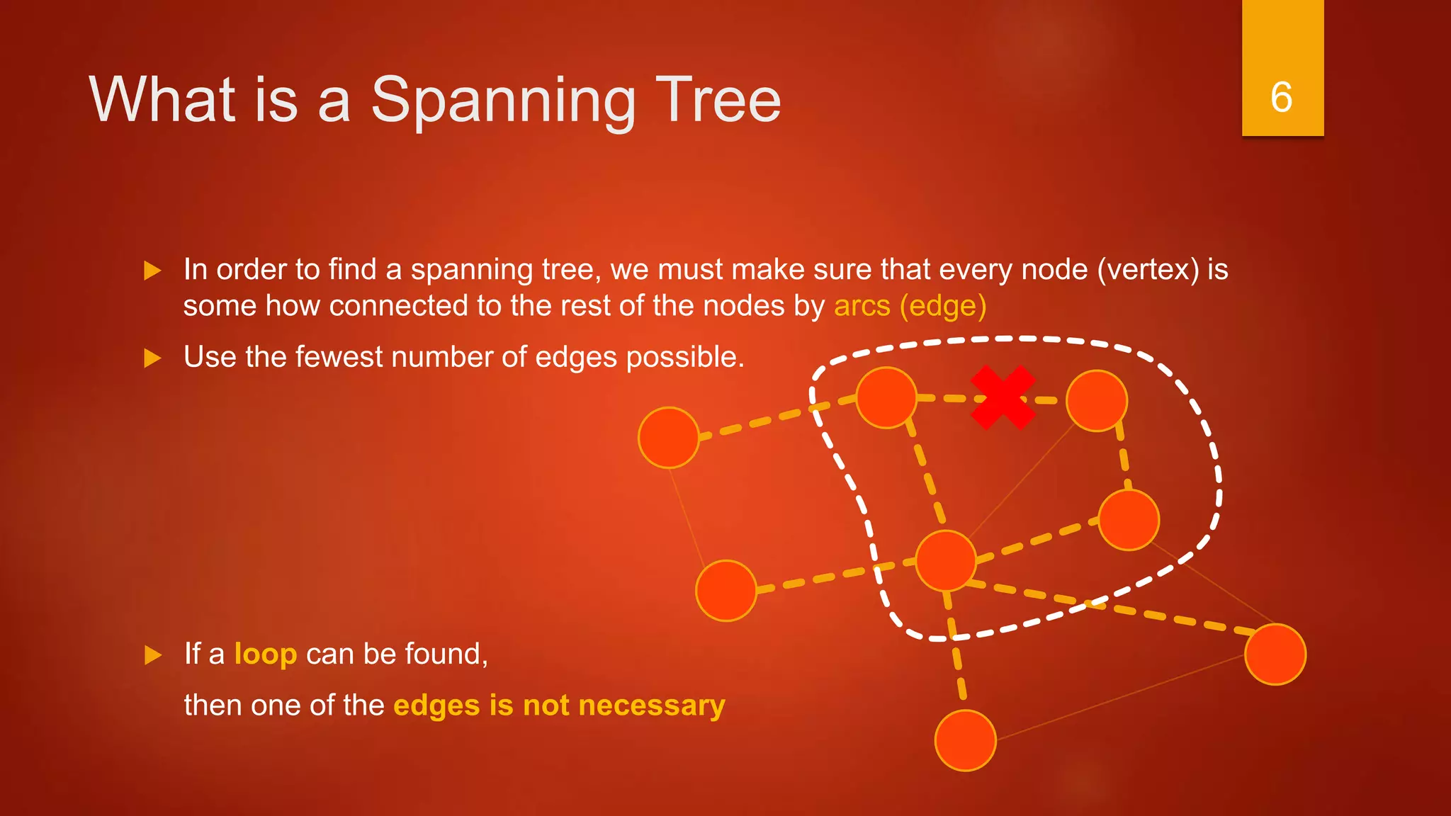 What is a Spanning Tree
 In order to find a spanning tree, we must make sure that every node (vertex) is
some how connected to the rest of the nodes by arcs (edge)
 Use the fewest number of edges possible.
 If a loop can be found,
then one of the edges is not necessary
6
 