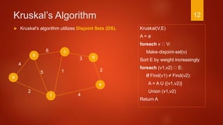 Kruskal’s Algorithm
Kruskal(V,E)
A = ø
foreach v V:
Make-disjoint-set(v)
Sort E by weight increasingly
foreach (v1,v2) E:
if Find(v1) ≠ Find(v2):
A = A U {(v1,v2)}
Union (v1,v2)
Return A
a
2
c
b d
f
4
6
3
4
15
e
2
 Kruskal's algorithm utilizes Disjoint Sets (DS).
12
 
