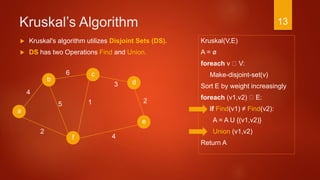 Kruskal’s Algorithm
Kruskal(V,E)
A = ø
foreach v V:
Make-disjoint-set(v)
Sort E by weight increasingly
foreach (v1,v2) E:
if Find(v1) ≠ Find(v2):
A = A U {(v1,v2)}
Union (v1,v2)
Return A
a
2
c
b d
f
4
6
3
4
15
e
2
 Kruskal's algorithm utilizes Disjoint Sets (DS).
 DS has two Operations Find and Union.
13
 