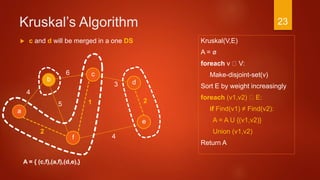 Kruskal’s Algorithm
Kruskal(V,E)
A = ø
foreach v V:
Make-disjoint-set(v)
Sort E by weight increasingly
foreach (v1,v2) E:
if Find(v1) ≠ Find(v2):
A = A U {(v1,v2)}
Union (v1,v2)
Return A
a
2
c
b d
f
4
6
3
4
15
e
2
A = { (c,f),(a,f),(d,e),}
 c and d will be merged in a one DS
23
 
