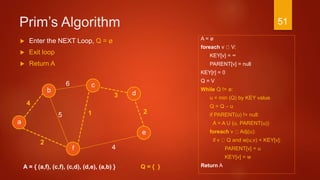 Prim’s Algorithm
A = ø
foreach v V:
KEY[v] = ∞
PARENT[v] = null
KEY[r] = 0
Q = V
While Q != ø:
u = min (Q) by KEY value
Q = Q – u
if PARENT(u) != null:
A = A U (u, PARENT(u))
foreach v Adj(u):
if v Q and w(u,v) < KEY[v]:
PARENT[v] = u
KEY[v] = w
Return A
3
a
2
c
b d
f
4
6
4
15
e
2
A = { (a,f), (c,f), (c,d), (d,e), (a,b) }
 Enter the NEXT Loop, Q = ø
 Exit loop
 Return A
Q = { }
51
 