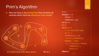 Prim’s Algorithm
A = ø
foreach v V:
KEY[v] = ∞
PARENT[v] = null
KEY[r] = 0
Q = V
While Q != ø:
u = min (Q) by KEY value
Q = Q – u
if PARENT(u) != null:
A = A U (u, PARENT(u))
foreach v Adj(u):
if v Q and w(u,v) < KEY[v]:
PARENT[v] = u
KEY[v] = w
Return A
3
a
2
c
b d
f
4
6
4
15
e
2
A = { (a,f), (c,f), (c,d), (d,e), (a,b) }
 Now we have a Spanning Tree that connects all
vertices which have the minimum total weight
Q = { }
52
 