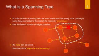 What is a Spanning Tree
 In order to find a spanning tree, we must make sure that every node (vertex) is
some how connected to the rest of the nodes by arcs (edge)
 Use the fewest number of edges possible.
 If a loop can be found,
then one of the edges is not necessary
6
 