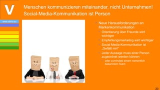 Menschen kommunizieren miteinander, nicht Unternehmen!
                Social-Media-Kommunikation ist Person
www.vibrio.eu
                                              • Neue Herausforderungen an
                                                Markenkommunikation
                                               • Orientierung über Freunde wird
                                                 wichtiger
                                               • Empfehlungsmarketing wird wichtiger
                                               • Social Media-Kommunikation ist
                                                 „Gefällt mir!“
                                               • Jeder Aussage muss einer Person
                                                 zugeordnet werden können
                                                 • oder zumindest einem namentlich
                                                   bekanntem Team




                                                                                       23
 