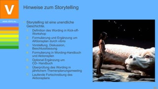 Hinweise zum Storytelling

www.vibrio.eu
                • Storytelling ist eine unendliche
                  Geschichte.
                  1.   Definition des Wording in Kick-off-
                       Workshop
                  2.   Formulierung und Ergänzung um
                       AKtionsplan durch vibrio
                  3.   Vorstellung, Diskussion,
                       Beschlussfassung
                  4.   Formulierung in Wording-Handbuch
                       und Aktionsplan
                  5.   Optional Ergänzung um
                       CD- Handbuch
                  6.   Überprüfung des Wording in
                       jährlichem Themenplanungsmeeting
                  7.   Laufende Fortschreibung des
                       Aktionsplans


                                                             36
 
