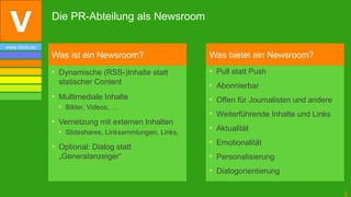 Die PR-Abteilung als Newsroom

www.vibrio.eu
                Was ist ein Newsroom?                     Was bietet ein Newsroom?
                • Dynamische (RSS-)Inhalte statt          • Pull statt Push
                  statischer Content                      • Abonnierbar
                • Multimediale Inhalte                    • Offen für Journalisten und andere
                  • Bilder, Videos, …
                                                          • Weiterführende Inhalte und Links
                • Vernetzung mit externen Inhalten
                  • Slideshares, Linksammlungen, Links,
                                                          • Aktualität
                                                          • Emotionalität
                • Optional: Dialog statt
                  „Generalanzeiger“                       • Personalisierung
                                                          • Dialogorientierung

                                                                                                8
 