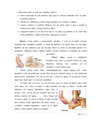 40 | P a g e
Astfel primul ajutor in cazul unei amputatii consta in:
 oprirea hemoragiei fie prin aplicarea unui garou la radacina membrului ranit, fie printr-
un bandaj compresiv;
 introducerea membrului sectionat punga de plastic si un recipient cu gheata;
 asezarea victimei cu membrele inferioare mai sus decat capul si daca e posibil cu
membrul ranit ridicat deasupra nivelului inimii;
 transportul victimei in cel mai scurt timp la un spital, de preferinta la un spital unde
exista posibilitatea realizarii interventiei chirurgicale necesare.
Entorsa. Forma minora a traumatismelor articulare, in care nu se pierde contactul
permanent intre suprafetele articulare si consta din intinderea sau ruptura unuia sau mai multor
ligamente ale unei articulatii. Cele mai frecvente entorse se produc la articulatiile gleznelor si a
genunchilor. Simptome: durere, umflarea regiunii, miscarile dureroase in articulatie, dar mersul
este posibil.
Primul ajutor consta in imobilizarea
provizorie (acest lucru v-a ameliora durerea de mare
intensitate), aplicarea unor comprese reci pe
articulatie si a unui bandaj strans.
Entorsa gleznei apare atunci cand ligamentele care asigura legatura intre oasele
piciorului si cele ale gambei sunt rasucite. Desi frecvente, entorsele gleznei nu sunt intotdeauna
leziuni minore. Aproximativ 25% din cei care fac o entorsa de glezna vor prezenta pe termen
lung durere inarticulatie si o oarecare sensibilitate.
O leziune prin inversiune, cea mai frecventa cauza de entorsa de glezna, apare atunci
cand glezna este rotata in exterior si talpa piciorului este adusa in interior. Rezulta astfel
intinderea sau ruperea ligamentelor dintre talus si
peroneu. Este cel mai frecvent mecanism prin care se
produc entorsele de glezna. Intr-o leziune prin
eversiune, glezna se roteste in interior si talpa piciorului
spre exterior, lezand ligamentele din partea interna a
articulatiei. Leziunile ligamentelor variaza de la simple
intinderi pana la rupturi partiale sau complete.
 