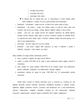 45 | P a g e
o otoragia (din ureche);
o rectoragia (din rect);
o uretroragia (din uretra).
 la distanta fata de orificiul prin care se exteriorizeaza si atunci sangele sufera
unele modificari, in functie de care se poate deduce locul hemoragiei:
o hemoptizie - din plamani - sange rosu-viu, cu bule de aer; apare odata cu tusea;
o hematemeza - din stomac - sange rosu cafeniu, negru, ca zatul de cafea; apare prin
varsaturi; mai rar din nas, faringe, esofag, plamani (inghitit, digerat si apoi varsat);
o melena - prin rect, dar sangele provine din segmente superioare ale tubului digestiv
(esofag, stomac, intestin); sange negru ca pacura, amestecat omogen cu materiile fecale,
cu aspectul unei paste moale, negre si lucioase (culoarea neagra mai poate aparea si ca
efect al unor medicamente);
o metroragia - din uter; sange-rosu sau rosu cafeniu;
o hematuria - prin uretra, sangele fiind amestecat cu urina si indicand o leziune a
rinichilor, ureterelor vezicii urinare sau uretrei.
Dupa cantitatea de sange pierdut, hemoaragia poate fi:
 mica: se pierde o cantitate de sange pana la 500 ml;
 medie: se pierde 500-1000 ml de sange si apar urmatoarele semne: agitatie, ameteli in
ortostatism;
 mari: cantitea de sange pierduta 1000-1500 ml iar semnele clinice sunt urmatoarele:
paloare, tahicardie, transpiratii reci, hipotensiune arteriala, tahipnee;
 cataclismice: pierderi de sange de peste 1500-2000 ml, TA nemasurabila, pacient
inconstient.
Primul ajutor acordat în teritoriu bolnavului şocat se bazează pe: scoaterea de sub
influenţa factorului cauzator traumatic, hemostază, imobilizarea fracturilor şi voletelor costale,
închiderea plăgilor penetrante toracice, evacuarea unui hemotorace sau a unui pneumotorace
sufocant, traheostomie, anelgezie, substituţie volemică pe cale intravenoasă, medicaţie
vasoactivă, oxigenoterapie, transport rapid şi comfortabil într-o unitate spitalicească.
 