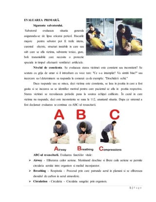 5 | P a g e
EVALUAREA PRIMARǍ.
Siguranta salvatorului.
Salvatorul evalueaza situatia generala
asigurandu-se de lipsa oricarui pericol. Riscurile
majore pentru salvator pot fi: trafic intens,
curentul electric, structuri instabile in care sau
sub care se afla victima, substante toxice, gaze,
boli transmisibile care necesita o protectie
speciala in timpul efectuarii ventilatiei artificiale.
Nivelul de constienta. Se evalueaza starea victimei: este constient sau inconstient? Se
scutura cu grija de umar si il intreabam cu voce tare: "Ce s-a intamplat? Va simtiti bine?" sau
incercam sa-l determinam sa raspunda la comenzi ca de exemplu: "Deschideti ochii."
Daca raspunde sau se misca, deci victima este constienta, se lasa in pozitia in care a fost
gasita si se incearca sa se identifice motivul pentru care pacientul se afla in pozitia respectiva.
Starea victimei se reevalueaza periodic pana la sosirea echipei calificate. Ȋn cazul in care
victima nu raspunde, deci este inconstienta se suna la 112, anuntand situatia. Dupa ce sistemul a
fost declansat evaluarea se continua cu ABC-ul resuscitarii.
ABC-ul resuscitarii. Evaluarea functiilor vitale:
 Airway - Eliberarea cailor aeriene. Mentinand deschise si libere caile aeriene se permite
circulatia aerului intre organism si mediul inconjurator.
 Breathing - Respiratia - Procesul prin care patrunde aerul in plamani si se elibereaza
dioxidul de carbon in aerul atmosferic.
 Circulation - Circulatia - Circulatia sangelui prin organism.
 