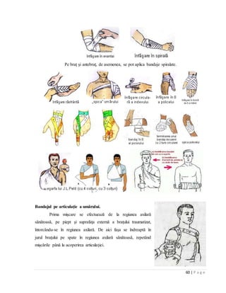 60 | P a g e
Pe braţ şi antebraţ, de asemenea, se pot aplica bandaje spiralate.
Bandajul pe articulaţie a umărului.
Prima mişcare se efectuează de la regiunea axilară
sănătoasă, pe piept şi suprafaţa externă a braţului traumatizat,
întorcându-se în regiunea axilară. De aici faşa se îndreaptă în
jurul braţului pe spate în regiunea axilară sănătoasă, repetând
mişcările până la acoperirea articulaţiei.
 