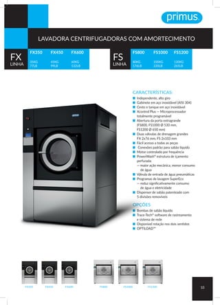 CARACTERÍSTICAS:
■ Independente, alto giro
■ Gabinete em aço inoxidável (AISI 304)
■ Cesto e tanque em aço inoxidável
■ Xcontrol Plus — Microprocessador
totalmente programável
■ Abertura da porta extragrande
(FS800, FS1000 Ø 530 mm,
FS1200 Ø 650 mm)
■ Duas válvulas de drenagem grandes
FX 2x76 mm, FS 2x103 mm
■ Fácil acesso a todas as peças
■ Conexões padrão para sabão líquido
■ Motor controlado por frequência
■ PowerWash®
estrutura de içamento
perfurada:
— maior ação mecânica, menor consumo
de água
■ Válvula de entrada de água pneumáticas
■ Programas de lavagem SuperEco
— reduz significativamente consumo
de água e eletricidade
■ Dispenser de sabão patenteado com
5 divisões removíveis
OPÇÕES
■ Bombas de sabão líquido
■ Trace-Tech®
software de rastreamento
e sistema de rede
■ Disponível rotação nos dois sentidos
■ OPTILOAD™
FS800 FS1000 FS1200FX350 FX450 FX600 10
FX350
35KG
77LB
FS800
80KG
176LB
FX450
45KG
99LB
FS1000
100KG
220LB
FX600
60KG
132LB
FS1200
120KG
265LB
FX
LINHA
FS
LINHA
LAVADORA CENTRIFUGADORAS COM AMORTECIMENTO
 