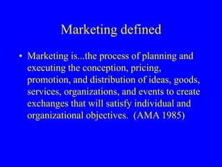 Marketing defined
• Marketing is...the process of planning and
executing the conception, pricing,
promotion, and distribution of ideas, goods,
services, organizations, and events to create
exchanges that will satisfy individual and
organizational objectives. (AMA 1985)
 