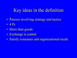 Key ideas in the definition
• Process involving strategy and tactics
• 4 Ps
• More than goods
• Exchange is central
• Satisfy consumer and organizational needs
 