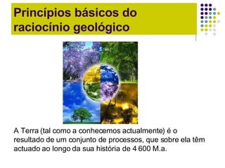Princípios básicos do raciocínio geológico A Terra (tal como a conhecemos actualmente) é o resultado de um conjunto de processos, que sobre ela têm actuado ao longo da sua história de 4 600 M.a. 