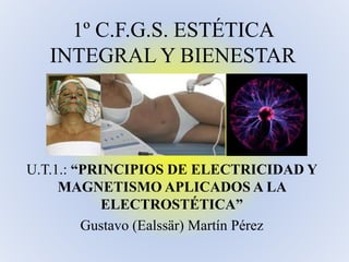 1º C.F.G.S. ESTÉTICA
INTEGRAL Y BIENESTAR

U.T.1.: “PRINCIPIOS DE ELECTRICIDAD Y
MAGNETISMO APLICADOS A LA
ELECTROSTÉTICA”
Gustavo (Ealssär) Martín Pérez

 