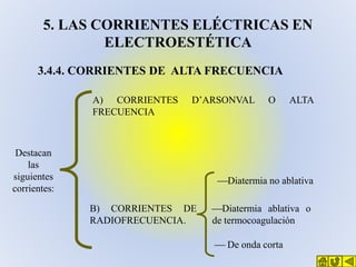 5. LAS CORRIENTES ELÉCTRICAS EN
ELECTROESTÉTICA
3.4.4. CORRIENTES DE ALTA FRECUENCIA
A) CORRIENTES
FRECUENCIA

D’ARSONVAL
...