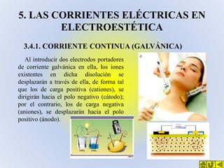 5. LAS CORRIENTES ELÉCTRICAS EN
ELECTROESTÉTICA
3.4.1. CORRIENTE CONTINUA (GALVÁNICA)
Al introducir dos electrodos portado...