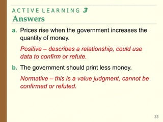 A C T I V E L E A R N I N G 3
Answers
33
a. Prices rise when the government increases the
quantity of money.
Positive – describes a relationship, could use
data to confirm or refute.
b. The government should print less money.
Normative – this is a value judgment, cannot be
confirmed or refuted.
 